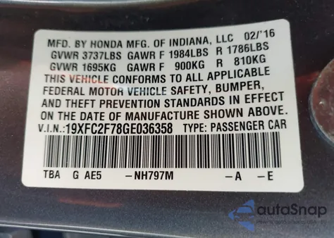2016 Honda Civic Ex from USA, damaged, VIN 19XFC2F78GE036358